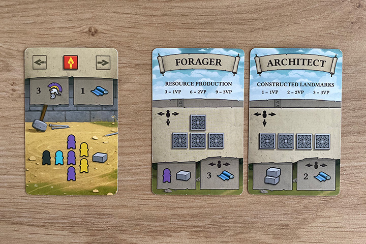 A fate card on the left. Two player cards on the right. You'll either take the Forager as your path and take two more resources, or take the Architect as your path and take an extra servant and a resource.