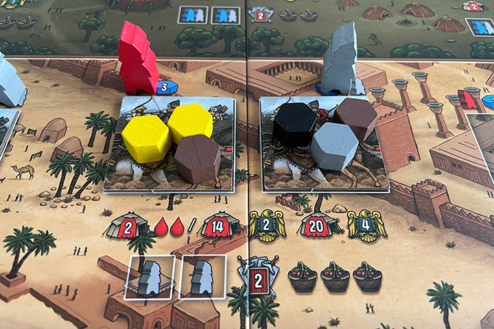 Two Cimmerian settlements available to raid. You need a grey worker, two crew members and three provisions. Depending on your strength you get either two wounds, two victory points or four victory points.