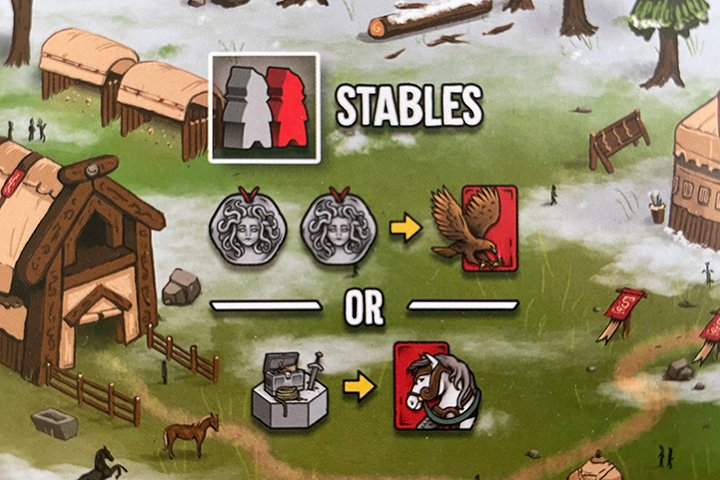 Only grey and red workers can use the stables to get horses and eagles.