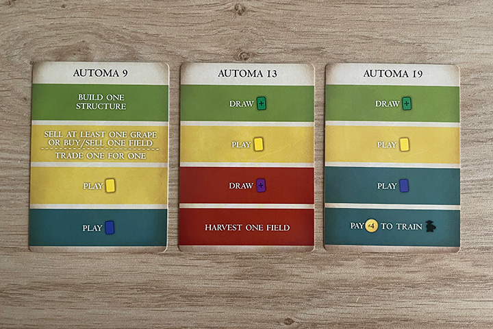 A few examples of automa cards. Green and yellow spaces are for summer, red and blue spaces are for winter.
